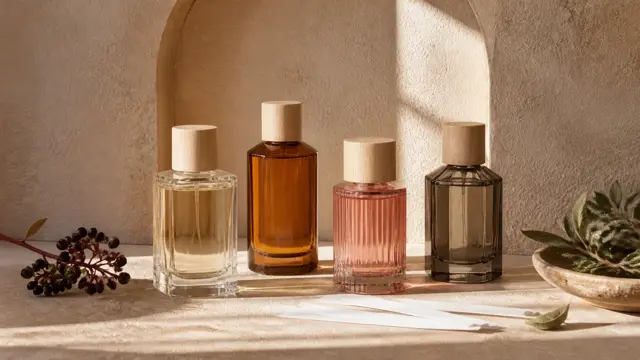 Fire uetiketterede parfumeflakoner i klart, ravfarvet, rosa og røgfarvet glas