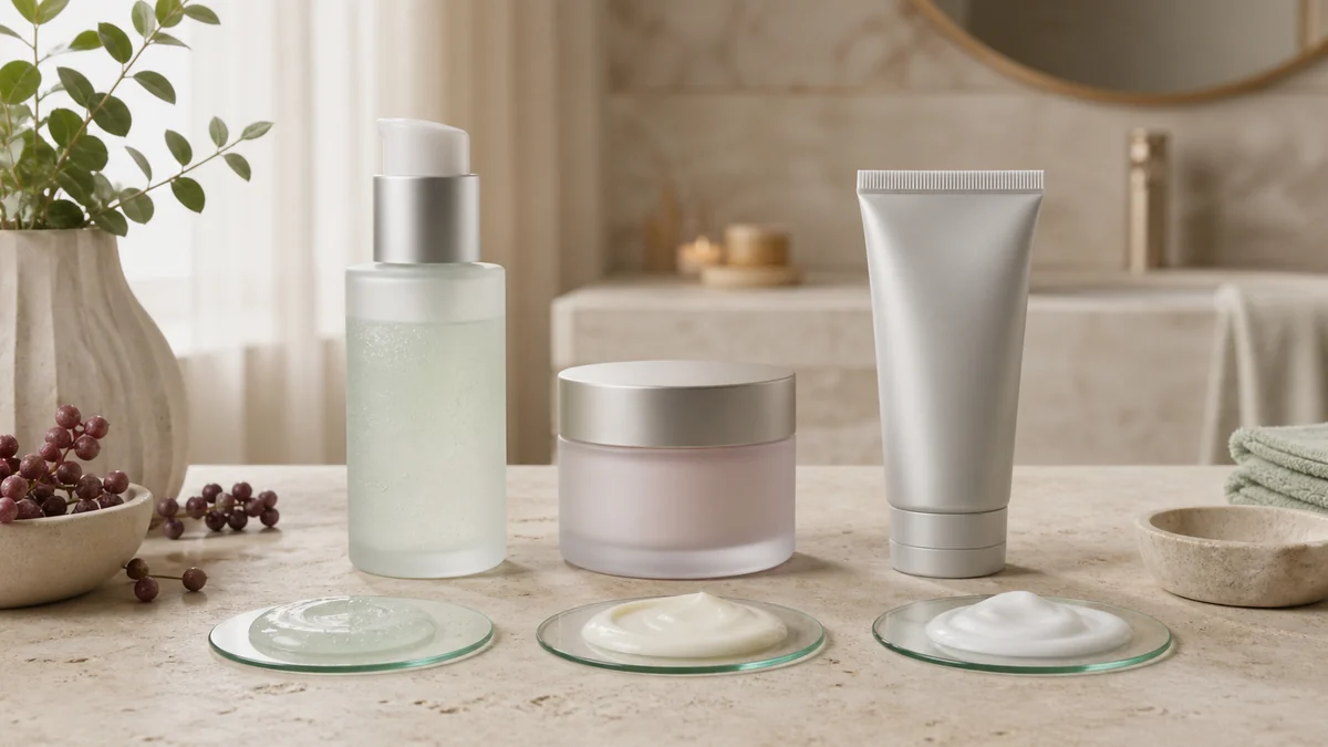 Gel, creme og barrierecreme i tre uetiketterede beholdere med teksturprøver