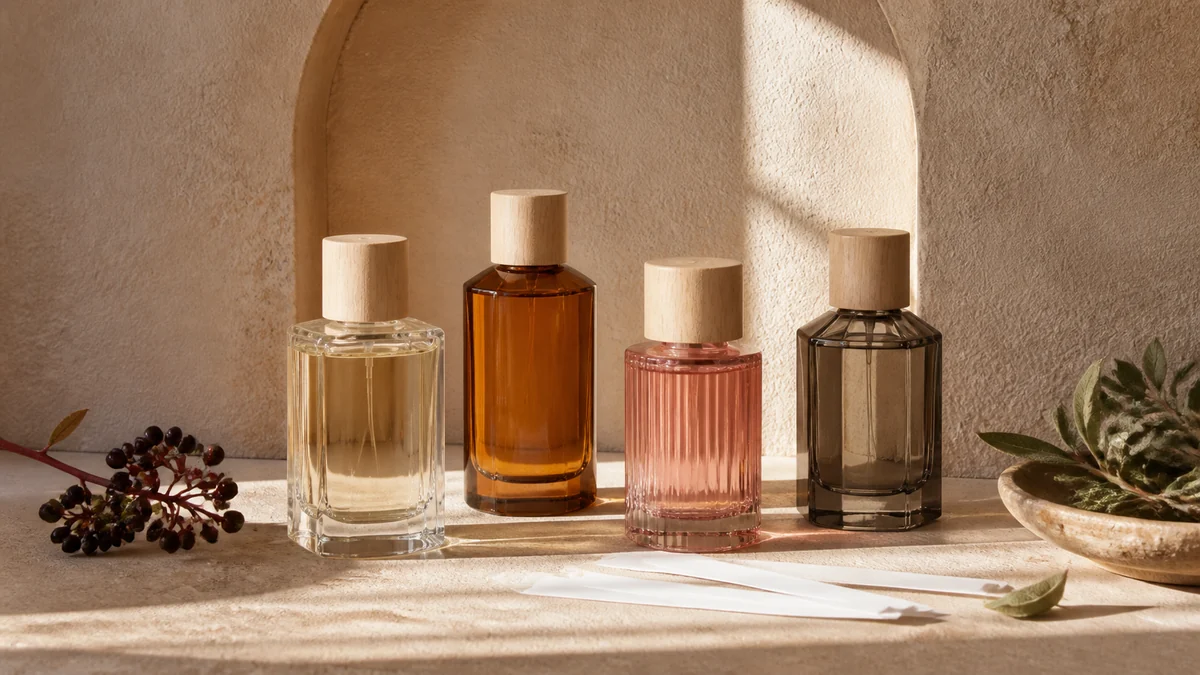 Fire uetiketterede parfumeflakoner i klart, ravfarvet, rosa og røgfarvet glas