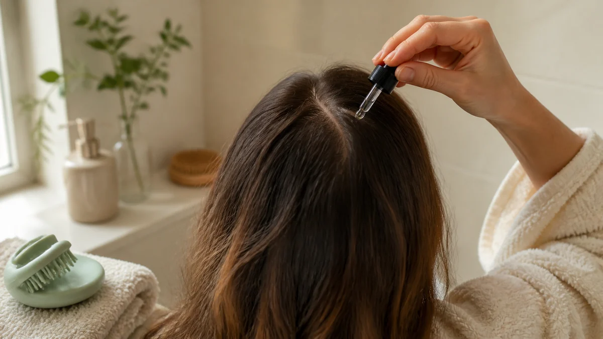 Voksen person får påført serum med pipette langs en synlig skilning i håret